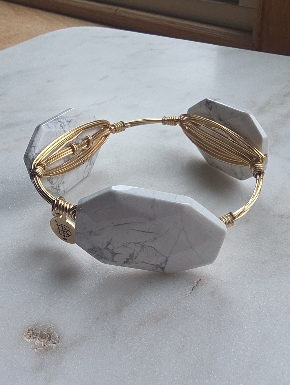 Bourbon and Boweties white howlite / marbled stone wire-wrapped bangle bracelet